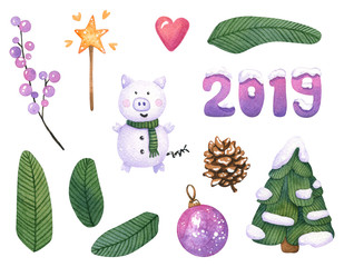 Funny watercolor christmas set with little snow piggy. Hand painted fir branches, cone, ball, magic wand, heart and digits in the snow isolated on white. Winter elements for New year decoration
