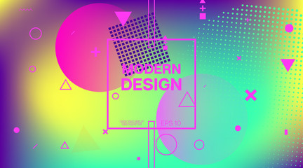 Memphis Minimal Cover Horizontal Vector Template. Neon Gradient Overlay, Small Space Particles Background. Geometric Memphis Design Elements, Horizontal Music Poster. Vintage Elemets Business Design.