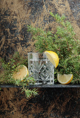 Gin , tonic with slices of lemon and a sprig of juniper .