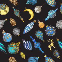 Vector illustration sketch - Greeting cards and holiday design. Christmas hand drawn Decorations - fur tree. With balls, toys, mistletoe and fir-cone. Vintage pattern.