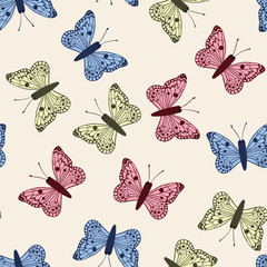 multicolor butterflies set seamless pattern white background