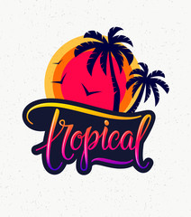 Vintage tropical emblem - text, palm tree silhouettes, sunset and flying birds - logo, badge, patch and icon. Tropical concept of card, invitation, poster, flyer, invitation, banner. Isolated. Vector