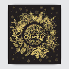 Invitation card for a Christmas party. Design template with xmas hand-drawn graphic illustrations. Greeting card with the New Year and Christmas holidays.