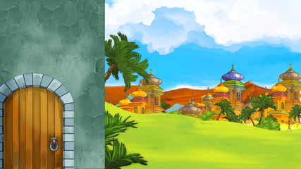 cartoon scene with beautiful medieval castles and wooden door entrance - far east kingdom - illustration for children