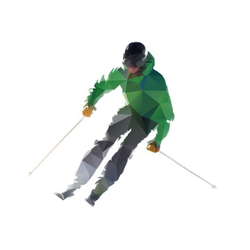 Skiing, low polygonal downhill skier in green jacket. Front view. Winter sport