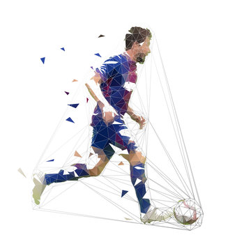 Football player in dark blue jersey running with ball, abstract low poly vector drawing. Soccer player kicking ball. Isolated geometric colorful illustration, side view