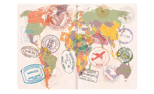 Opened passport with Visas, Stamps, Seals. World Map Travel or Tourism concept
