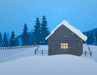 Christmas winter landscape with a house in the forest. Snowy evening village in the forest on a background of mountains. Christmas snowman. Flat vector illustration