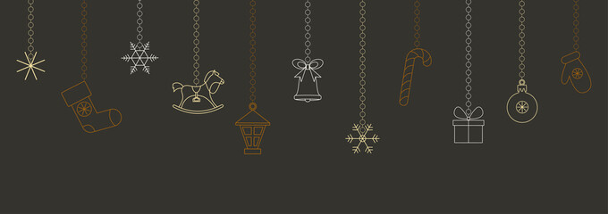 Grey Christmas and New Year banner with color Christmas decorations.