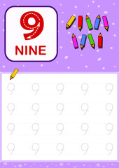 Fototapeta na wymiar Number nine pattern trace worksheet for kids. Learning to write numbers and practice.