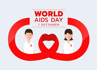 world aids day with man and woman character on red heart ribbon sign vector design