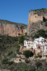 Chulilla, Valencia, Spain. Village of white houses located between mountains a sunny morning.