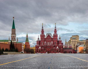 The building of the State historical Museum and Nilolskaya tower of Kremlin on Red square in Moscow, Russia.