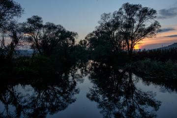 river water reflecting tree shadows in the late afternoon - Transylvania - dark tones