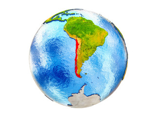 Chile on 3D model of Earth with country borders and water in oceans. 3D illustration isolated on white background.