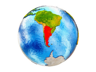 Argentina on 3D model of Earth with country borders and water in oceans. 3D illustration isolated on white background.