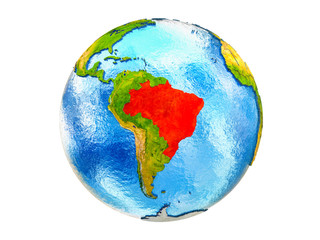Brazil on 3D model of Earth with country borders and water in oceans. 3D illustration isolated on white background.
