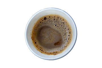 Top view of a paper cup of black coffee on isolated on white background
