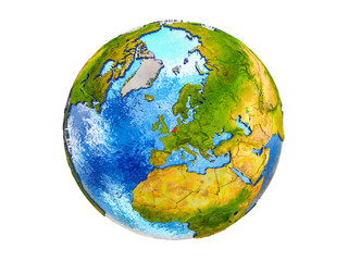 Netherlands on 3D model of Earth with country borders and water in oceans. 3D illustration isolated on white background.