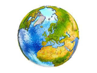 Belgium on 3D model of Earth with country borders and water in oceans. 3D illustration isolated on white background.