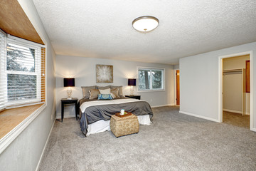 Master bedroom with lots of space, grey carpet floor