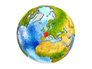 France on 3D model of Earth with country borders and water in oceans. 3D illustration isolated on white background.