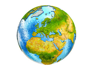 Macedonia on 3D model of Earth with country borders and water in oceans. 3D illustration isolated on white background.