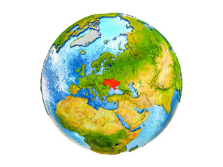 Ukraine on 3D model of Earth with country borders and water in oceans. 3D illustration isolated on white background.
