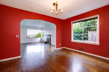 Red dining room interior of craftsman style house.