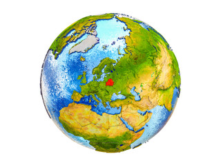 Belarus on 3D model of Earth with country borders and water in oceans. 3D illustration isolated on white background.