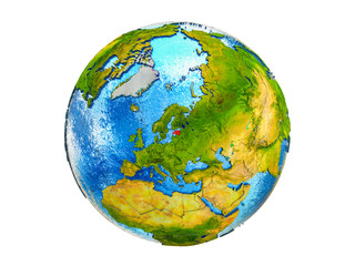 Estonia on 3D model of Earth with country borders and water in oceans. 3D illustration isolated on white background.