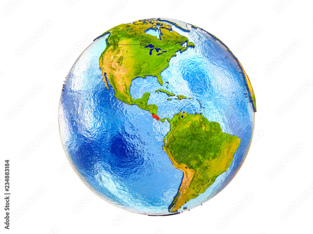 Wall mural costa rica on 3d model of earth with country borders and water in oceans. 3d illustration isolated o