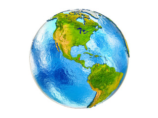 Belize on 3D model of Earth with country borders and water in oceans. 3D illustration isolated on white background.