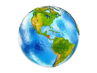 Nicaragua on 3D model of Earth with country borders and water in oceans. 3D illustration isolated on white background.