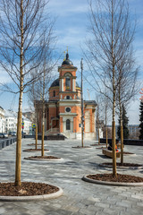 Varvarinskaya Church on Varvarka Street and Zaryadye Park in the spring sunny morning. Moscow, Russia.