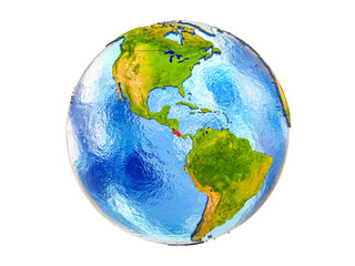 Costa Rica on 3D model of Earth with country borders and water in oceans. 3D illustration isolated on white background.