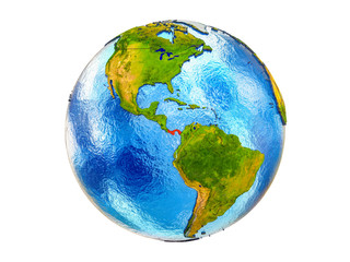 Panama on 3D model of Earth with country borders and water in oceans. 3D illustration isolated on white background.