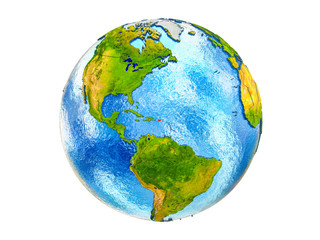 Puerto Rico on 3D model of Earth with country borders and water in oceans. 3D illustration isolated on white background.