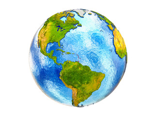 Caribbean on 3D model of Earth with country borders and water in oceans. 3D illustration isolated on white background.