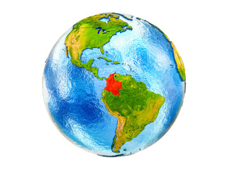 Colombia on 3D model of Earth with country borders and water in oceans. 3D illustration isolated on white background.
