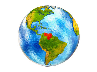 Venezuela on 3D model of Earth with country borders and water in oceans. 3D illustration isolated on white background.