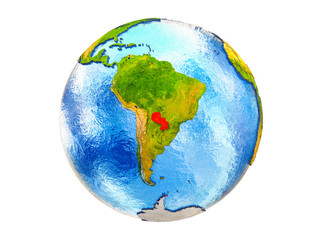 Paraguay on 3D model of Earth with country borders and water in oceans. 3D illustration isolated on white background.