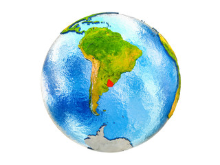 Uruguay on 3D model of Earth with country borders and water in oceans. 3D illustration isolated on white background.