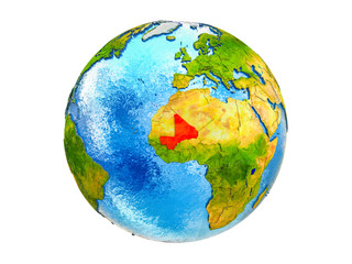Mali on 3D model of Earth with country borders and water in oceans. 3D illustration isolated on white background.