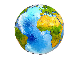 Sierra Leone on 3D model of Earth with country borders and water in oceans. 3D illustration isolated on white background.
