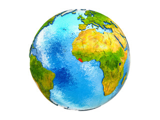 Liberia on 3D model of Earth with country borders and water in oceans. 3D illustration isolated on white background.