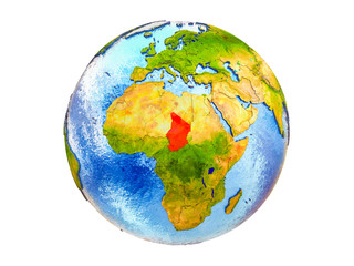 Chad on 3D model of Earth with country borders and water in oceans. 3D illustration isolated on white background.