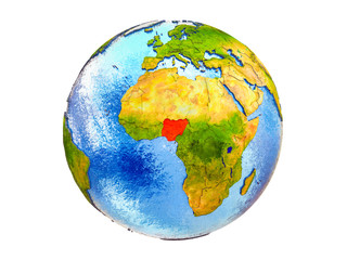 Nigeria on 3D model of Earth with country borders and water in oceans. 3D illustration isolated on white background.
