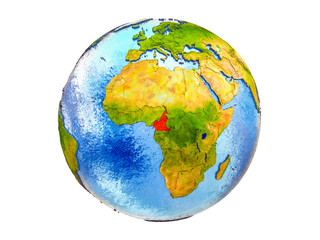 Cameroon on 3D model of Earth with country borders and water in oceans. 3D illustration isolated on white background.