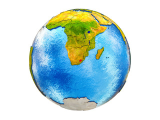 Lesotho on 3D model of Earth with country borders and water in oceans. 3D illustration isolated on white background.
